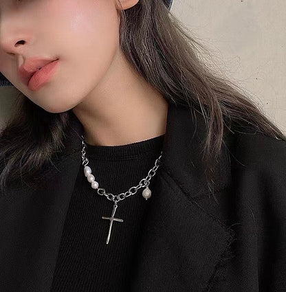 Hip Hop Cross Pendant Chain Necklace with Pearl | Stainless Steel