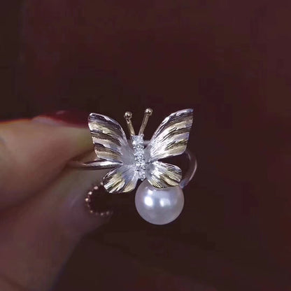 Natural White Pearl Handmade Butterfly Silver Ring by MMK
