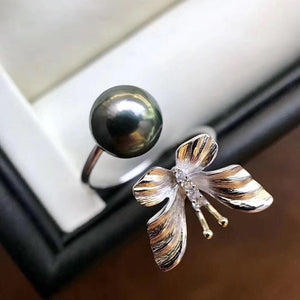 Tahitian Black Pearl Handmade Butterfly Silver Ring by MMK