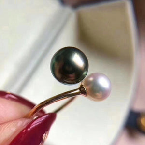 Tahitian and Akoya Pearls Handmade Ring in 18K Gold By MMK