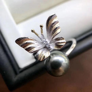 Tahitian Black Pearl Handmade Butterfly Silver Ring by MMK