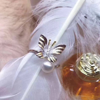 Natural White Pearl Handmade Butterfly Silver Ring by MMK